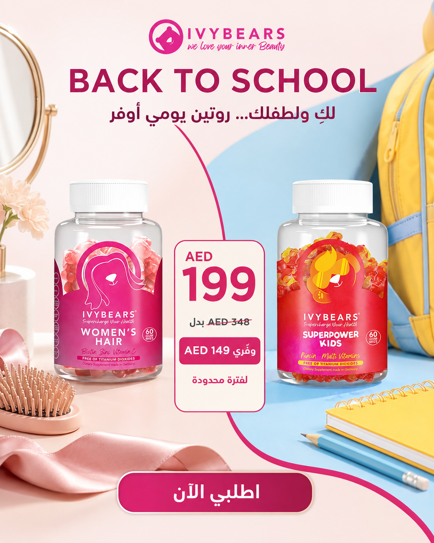 Promotional ad for IVYBEARS back-to-school supplements, showing two bottles side by side: 'Women's Hair' with pink gummies and 'Superpower Kids' with red/orange gummies. 